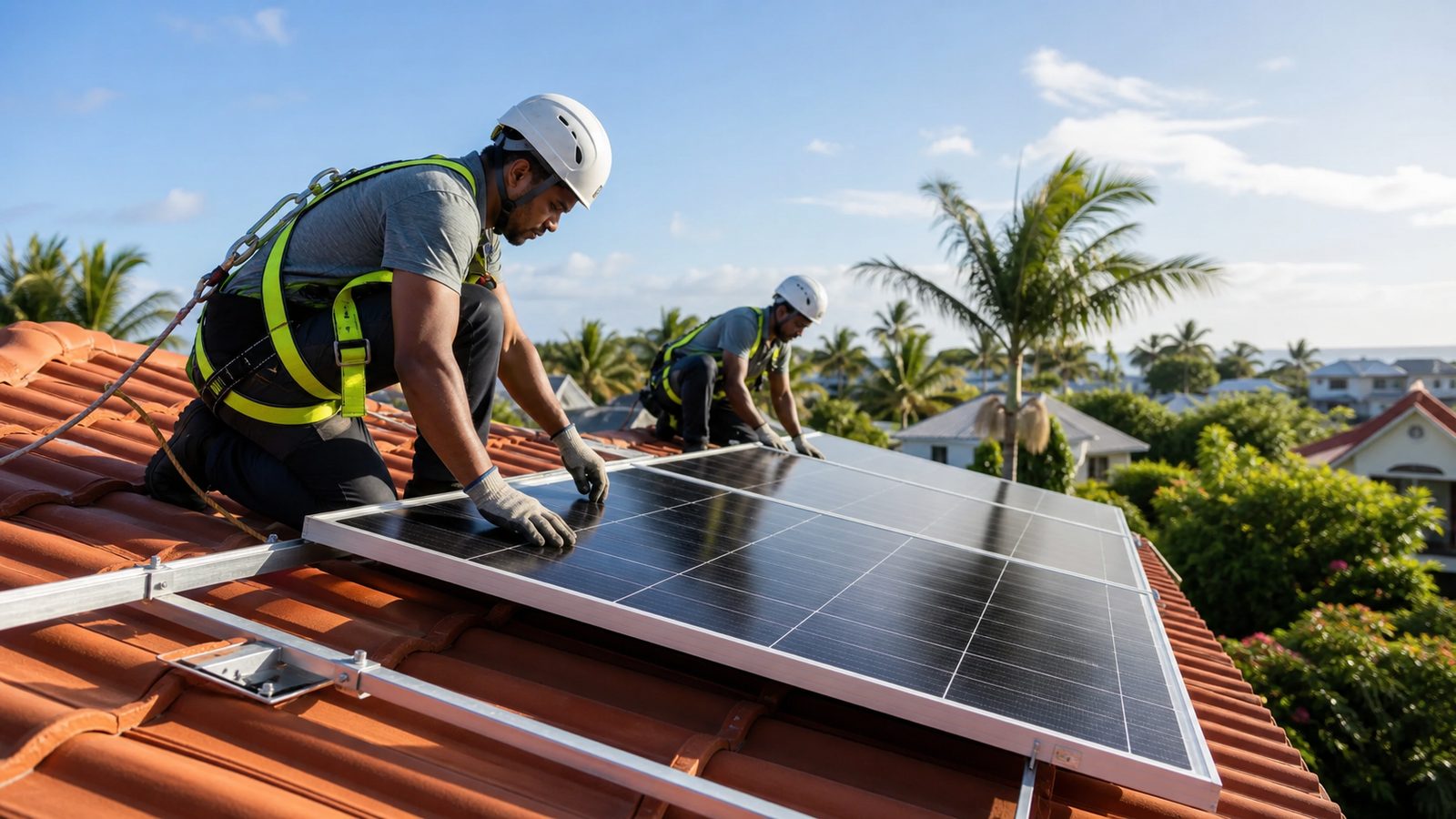 Professional solar installers on a Mauritian roof